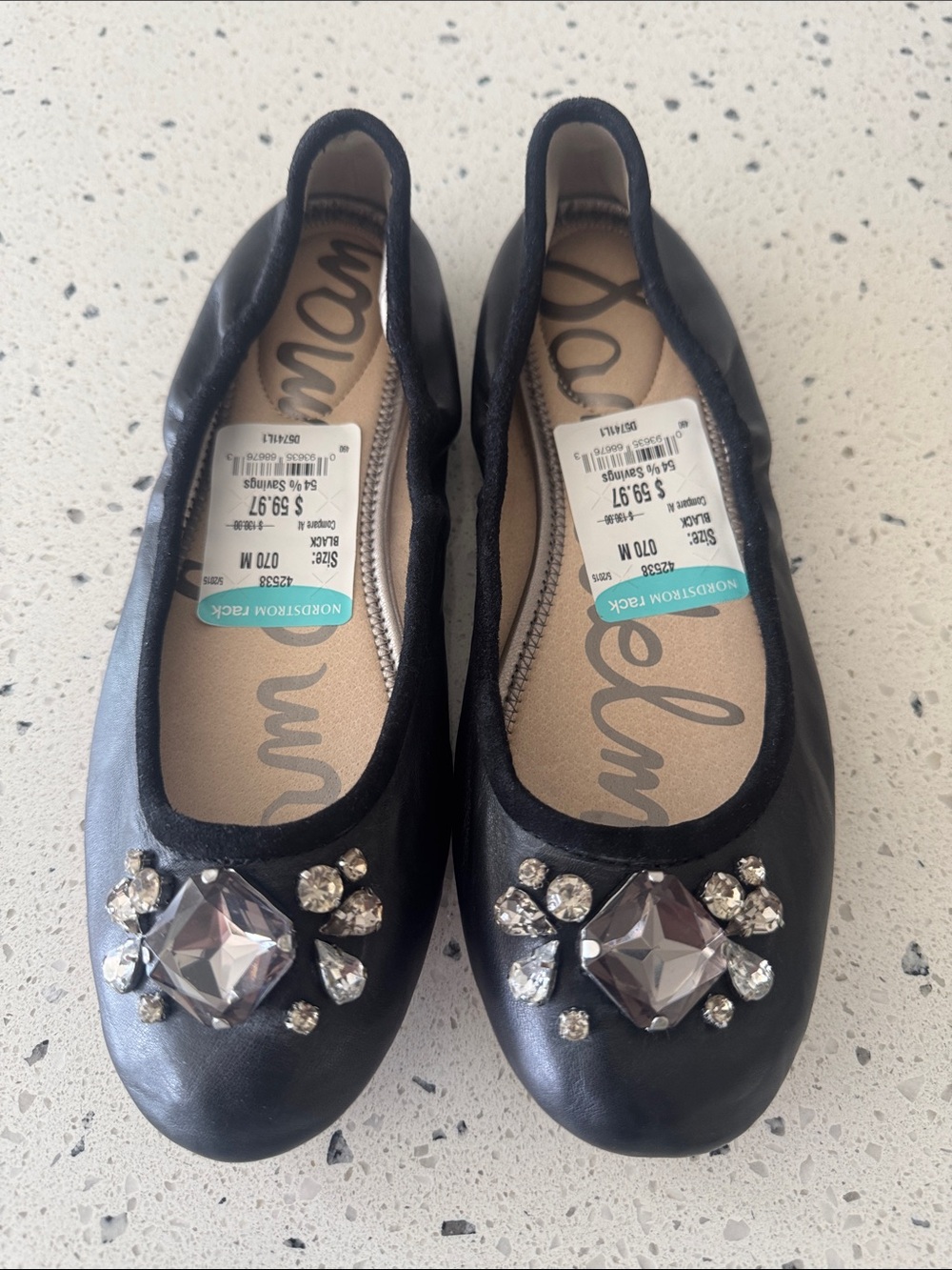 Sam Edelman Embellished Black Ballet Flats with Crystal Accent Casual Size 7 EUC